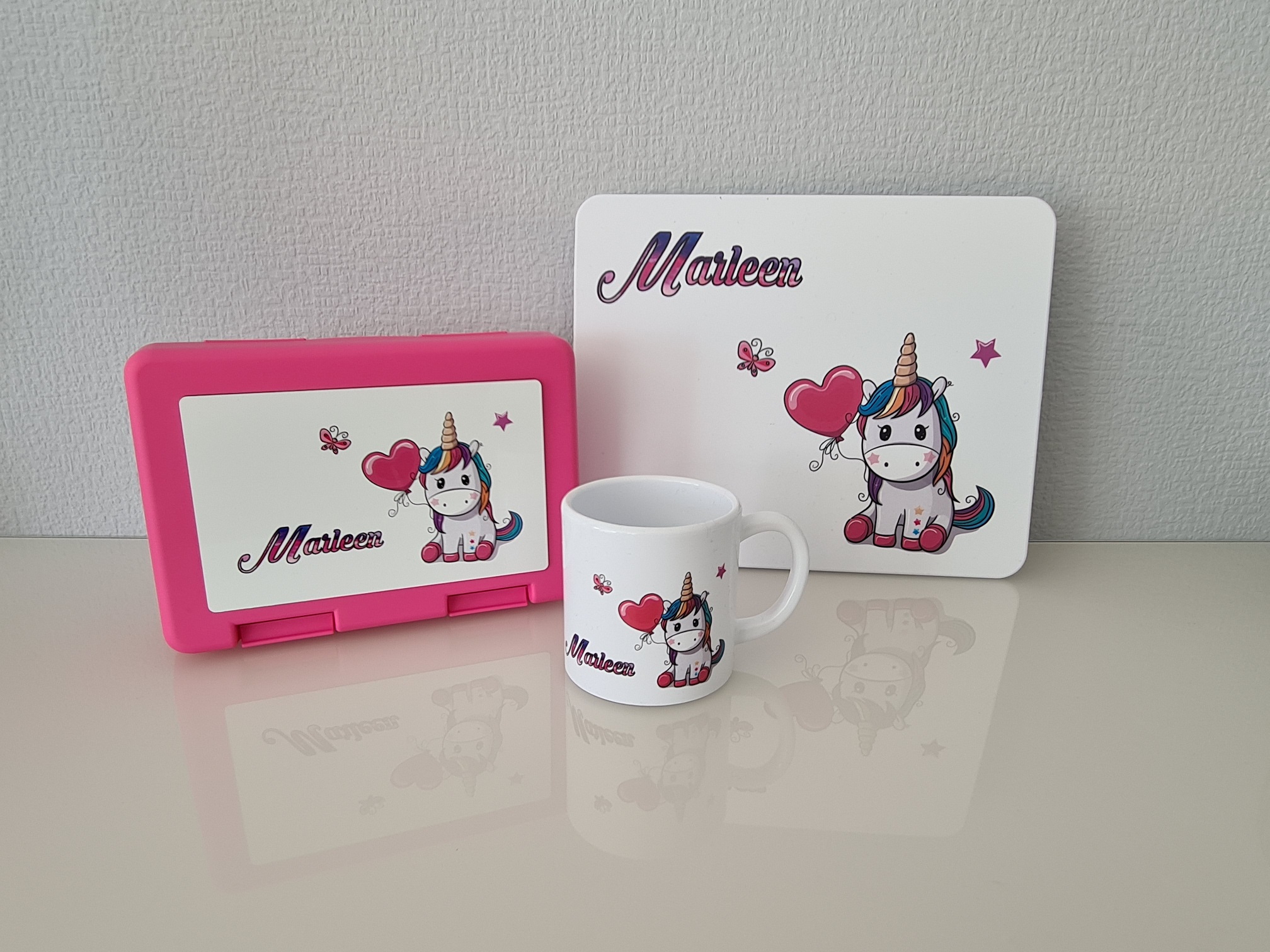 Kinder-Frühstücks-Set 3-teilig inkl. Druck (Kindertasse, Frühstücksbrettchen und Brotdose)