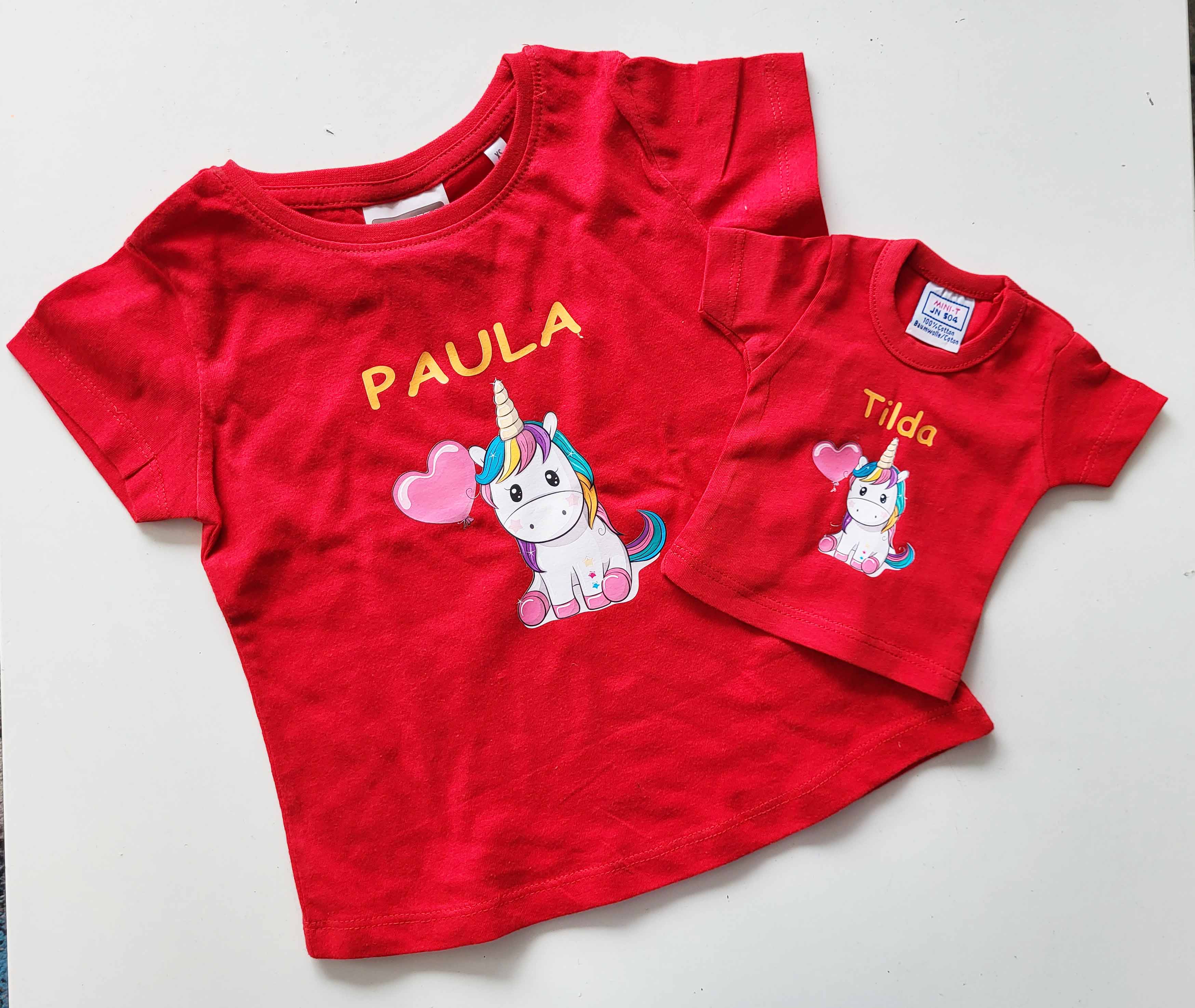 Partnerlook T-Shirt für die Puppe / Teddy Mini-T-Shirt und die Puppenmama oder Teddypapa / mit Namen und Wunschmotiv